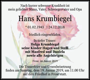 Traueranzeige von Hans Krumbiegel von Super Sonntag Aschersleben