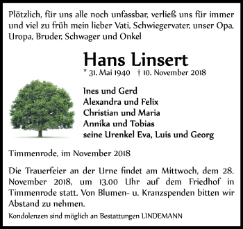 Traueranzeige von Hans Linsert von Super Sonntag Quedlinburg