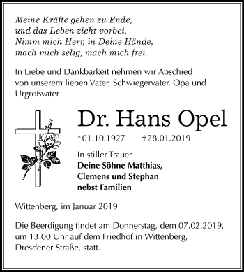 Traueranzeige von Hans Opel von Mitteldeutsche Zeitung