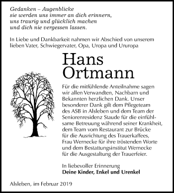 Traueranzeige von Hans Ortmann von Mitteldeutsche Zeitung Bernburg