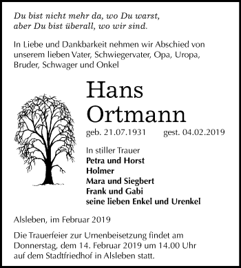 Traueranzeige von Hans Ortmann von Super Sonntag Bernburg