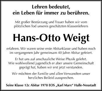 Traueranzeige von Hans-Otto Weigt von Mitteldeutsche Zeitung Halle/Saalkreis