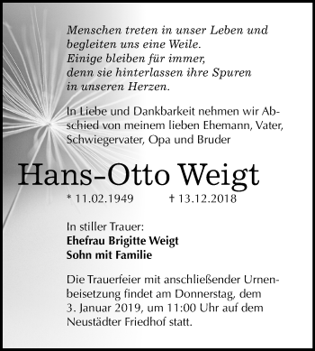 Traueranzeige von Hans-Otto Weigt von Mitteldeutsche Zeitung Halle/Saalkreis