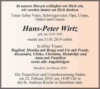 Traueranzeige von Hans-Peter Wirtz von Super Sonntag Aschersleben
