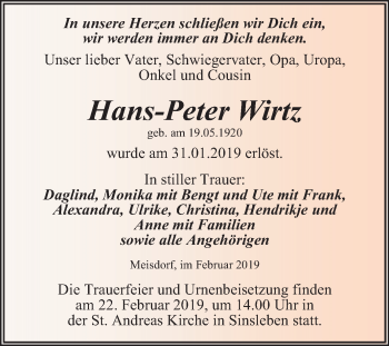 Traueranzeige von Hans-Peter Wirtz von Mitteldeutsche Zeitung Quedlinburg