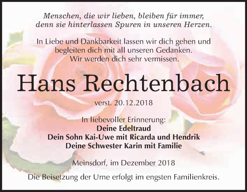  Traueranzeige für Hans Rechtenbach vom 05.01.2019 aus WVG - Wochenspiegel Dessau / Köthen