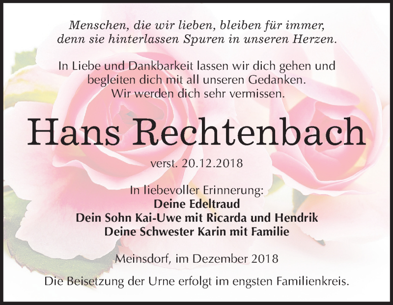  Traueranzeige für Hans Rechtenbach vom 05.01.2019 aus Mitteldeutsche Zeitung Dessau-Roßlau