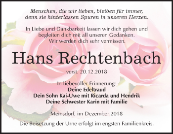 Traueranzeige von Hans Rechtenbach von Mitteldeutsche Zeitung Dessau-Roßlau