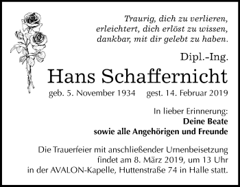 Traueranzeige von Hans Schaffernicht von Mitteldeutsche Zeitung Halle/Saalkreis