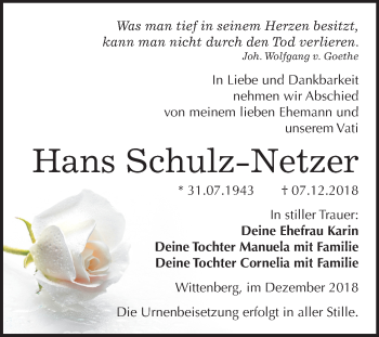 Traueranzeige von Hans Schulz-Netzer von Mitteldeutsche Zeitung Wittenberg