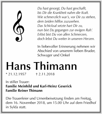 Traueranzeige von Hans Thimann von Super Sonntag SGH Mansf. Land