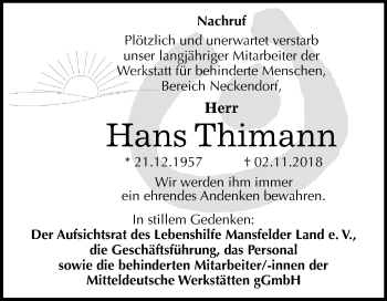 Traueranzeige von Hans Thimann von Mitteldeutsche Zeitung Aschersleben