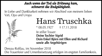Traueranzeige von Hans Truschka von Mitteldeutsche Zeitung Dessau-Roßlau