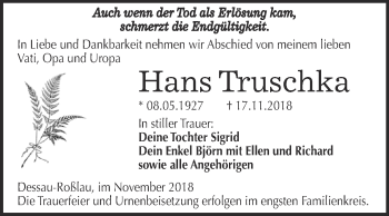 Traueranzeige von Hans Truschka von WVG - Wochenspiegel Dessau / Köthen