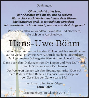 Traueranzeige von Hans-Uwe Böhm von Mitteldeutsche Zeitung Köthen