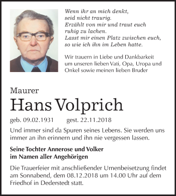 Traueranzeige von Hans Volprich von Mitteldeutsche Zeitung Mansfelder Land