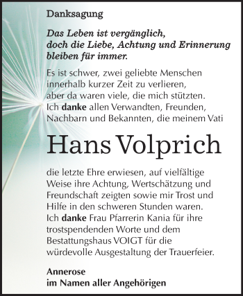 Traueranzeige von Hans Volprich von Mitteldeutsche Zeitung Mansfelder Land