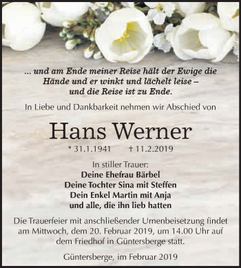 Traueranzeige von Hans Werner von WVG - Wochenspiegel Quedlinburg