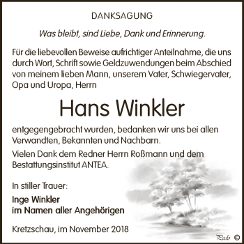 Traueranzeige von Hans Winkler von Super Sonntag Zeitz