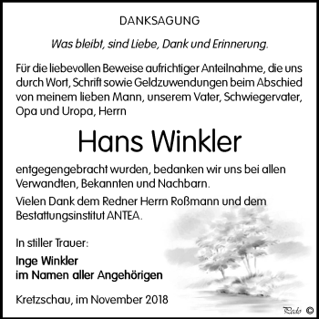Traueranzeige von Hans Winkler von Mitteldeutsche Zeitung Zeitz