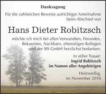 Traueranzeige von Hans Dieter Robitzsch von WVG - Wochenspiegel Bitterfeld