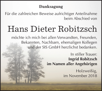 Traueranzeige von Hans Dieter Robitzsch von Mitteldeutsche Zeitung Bitterfeld
