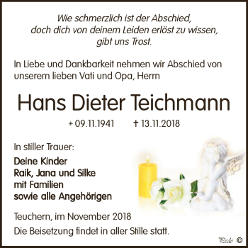 Traueranzeige von Hans Dieter Teichmann von WVG - Wochenspiegel NMB / WSF / ZTZ