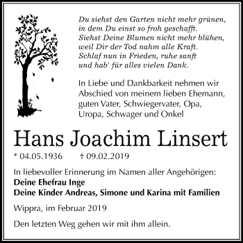 Traueranzeige von Hans Joachim Linsert von Mitteldeutsche Zeitung
