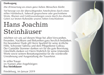 Traueranzeige von Hans Joachim Steinhäuser von Wochenspiegel Mansfelder Land