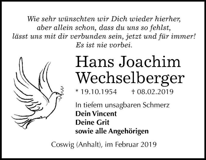  Traueranzeige für Hans Joachim Wechselberger vom 16.02.2019 aus Mitteldeutsche Zeitung