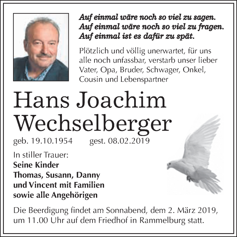  Traueranzeige für Hans Joachim Wechselberger vom 23.02.2019 aus WVG - Wochenspiegel Dessau / Köthen