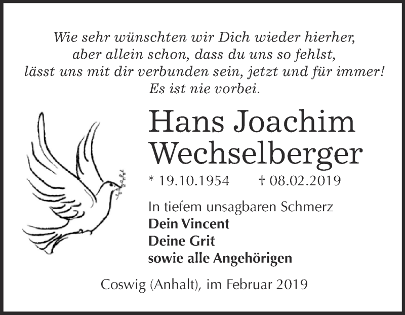  Traueranzeige für Hans Joachim Wechselberger vom 16.02.2019 aus Super Sonntag Wittenberg