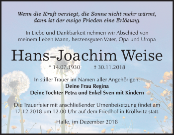 Traueranzeige von Hans Joachim Weise von Mitteldeutsche Zeitung Halle/Saalkreis
