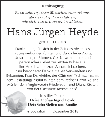 Traueranzeige von Hans Jürgen Heyde von WVG - Wochenspiegel Bitterfeld