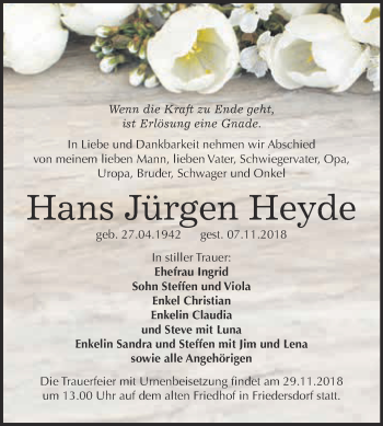 Traueranzeige von Hans Jürgen Heyde von WVG - Wochenspiegel Bitterfeld