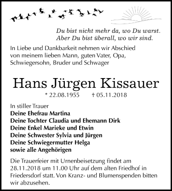 Traueranzeige von Hans Jürgen Kissauer von Mitteldeutsche Zeitung Bitterfeld