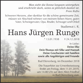 Traueranzeige von Hans Jürgen Runge von Super Sonntag Merseburg