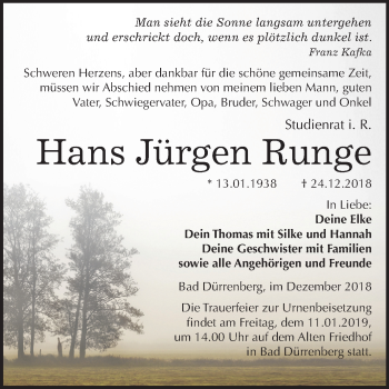 Traueranzeige von Hans Jürgen Runge von Mitteldeutsche Zeitung Merseburg/Querfurt