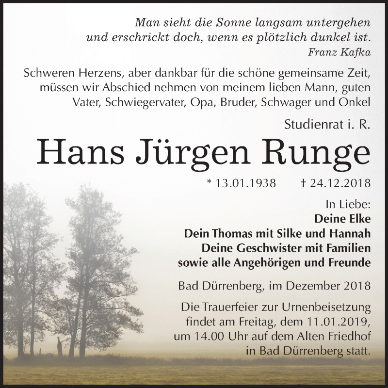  Traueranzeige für Hans Jürgen Runge vom 29.12.2018 aus Mitteldeutsche Zeitung Merseburg/Querfurt