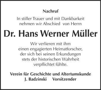 Traueranzeige von Hans Werner Müller von Super Sonntag Bernburg