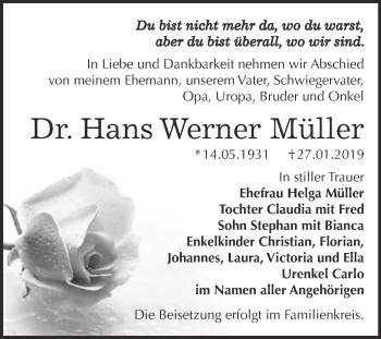 Traueranzeige von Hans Werner Müller von Super Sonntag Bernburg