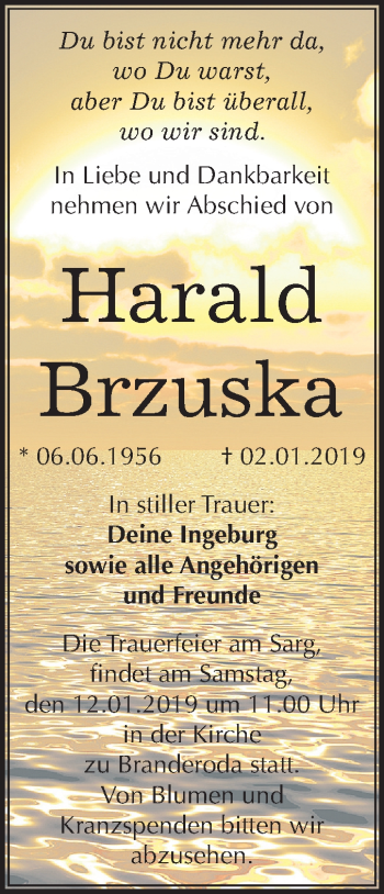 Traueranzeige von Harald Brzuska von Mitteldeutsche Zeitung Merseburg/Querfurt