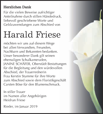 Traueranzeige von Harald Friese von Super Sonntag Quedlinburg