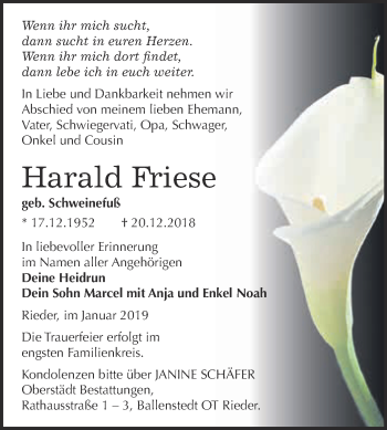 Traueranzeige von Harald Friese von Super Sonntag Quedlinburg