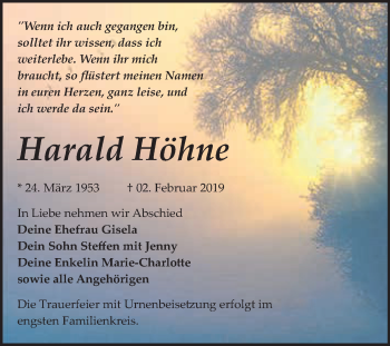 Traueranzeige von Harald Höhne von WVG - Wochenspiegel Bitterfeld