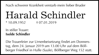 Traueranzeige von Harald Schindler von Mitteldeutsche Zeitung Naumburg/Nebra