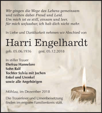 Traueranzeige von Harri Engelhardt von WVG - Wochenspiegel Wittenberg