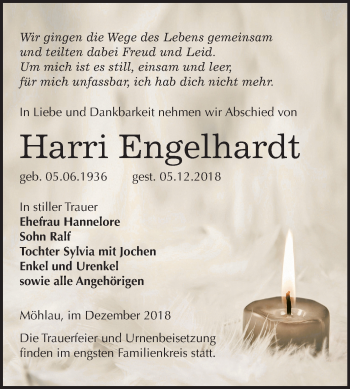 Traueranzeige von Harri Engelhardt von Mitteldeutsche Zeitung Wittenberg