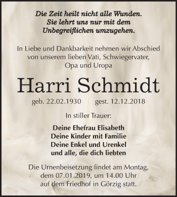 Traueranzeige von Harri Schmidt von Mitteldeutsche Zeitung Köthen
