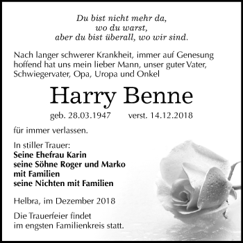 Traueranzeige von Harry Benne von Mitteldeutsche Zeitung Mansfelder Land